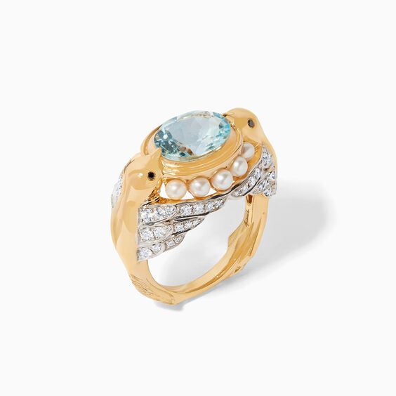 18ct Gold Aquamarine Diamond Lovebirds Ring